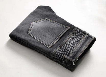 Calça Jeans Masculina Nova Casual Moto Hip Hop Rua Equitação Elástica Slim Reta Patchwork Moda Calças Jeans Masculinas