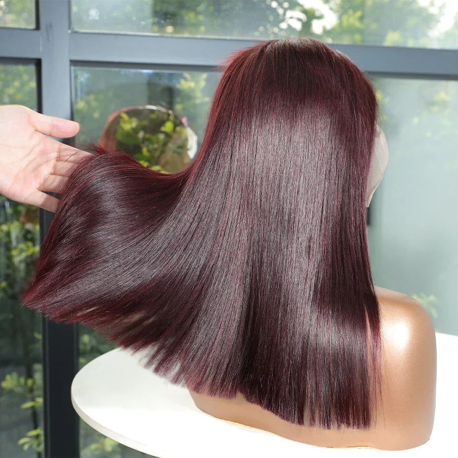 13x6 13x4 Frontal Bob 100%Human Hair Lace Front Wig Dark 99J Burgundy Square Cut Raw Vietnamese Bone Straight 250% Pre Plucked