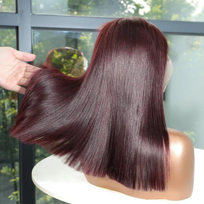 13x6 13x4 Frontal Bob 100%Human Hair Lace Front Wig Dark 99J Burgundy Square Cut Raw Vietnamese Bone Straight 250% Pre Plucked