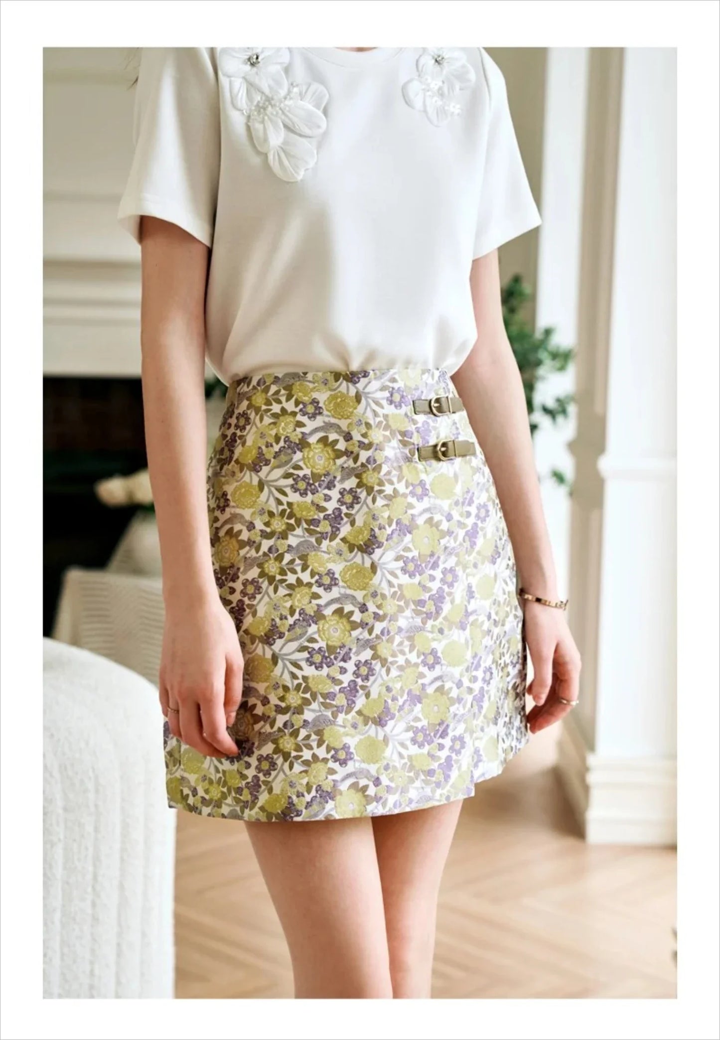 Women's Floral Mini Skirts 2026 Summer A-line Jacquard Irregular Chic Leather Buckle Short Skirt O21QB55108
