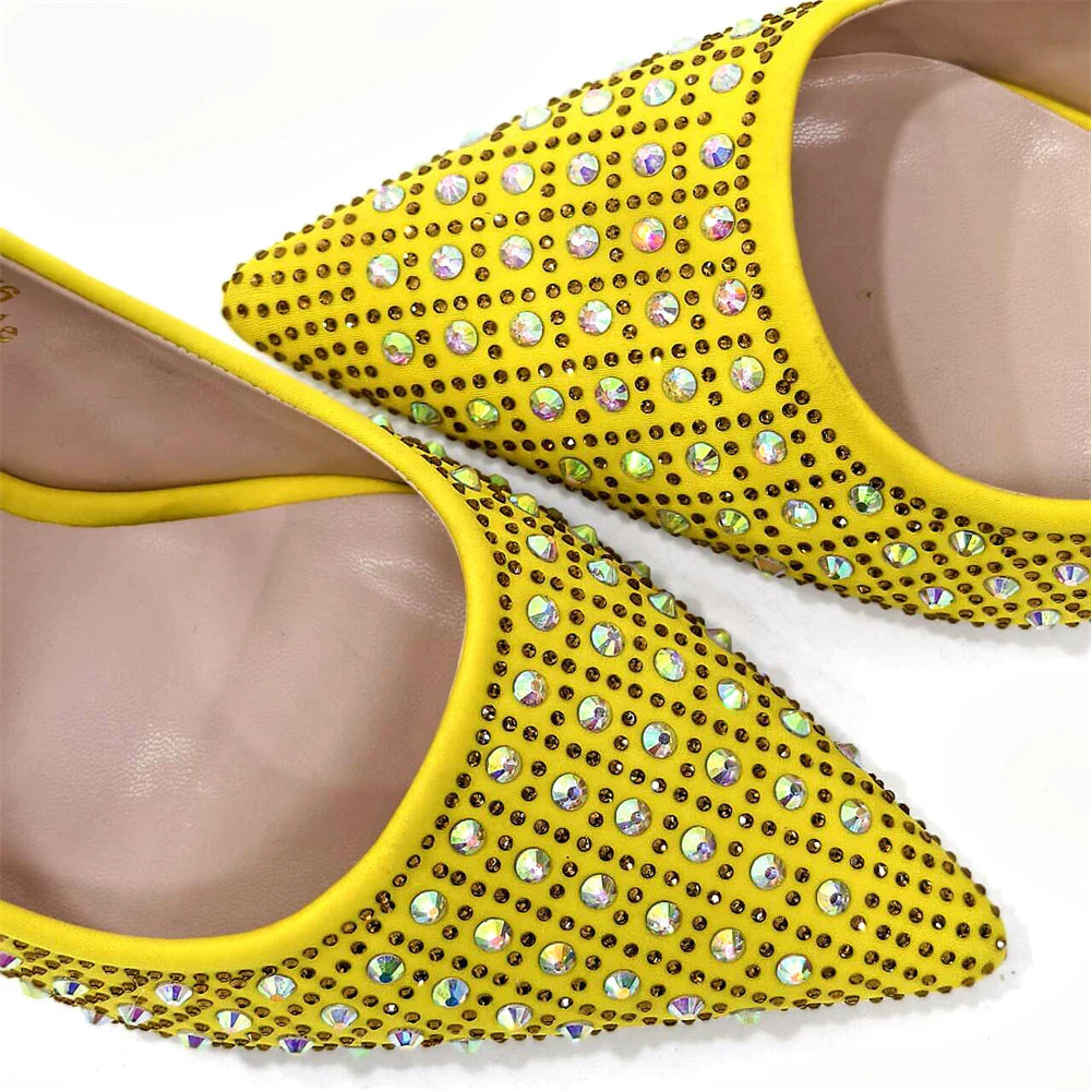 Nigerian Heel Party for Women Yellow Shoes and Bag Set Rhinestone Handbag Italian Design Wedding