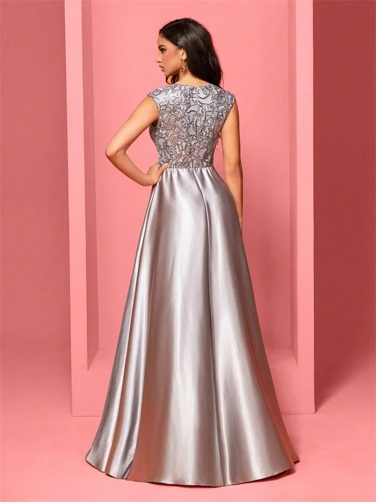 New Luxury Gold Satin V-Neck Sequins Embroidery Formal Evening Dresses Women Long Elegant Wedding Party A-line Cocktail Gowns