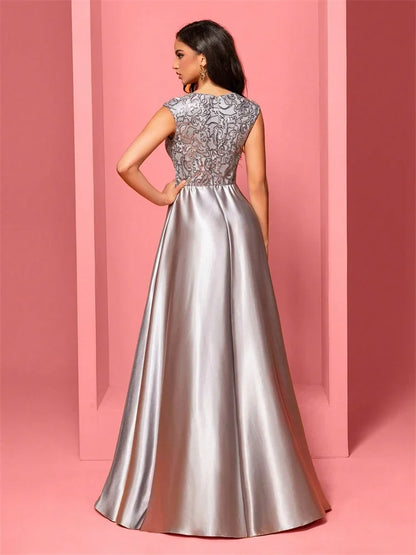 New Luxury Gold Satin V-Neck Sequins Embroidery Formal Evening Dresses Women Long Elegant Wedding Party A-line Cocktail Gowns