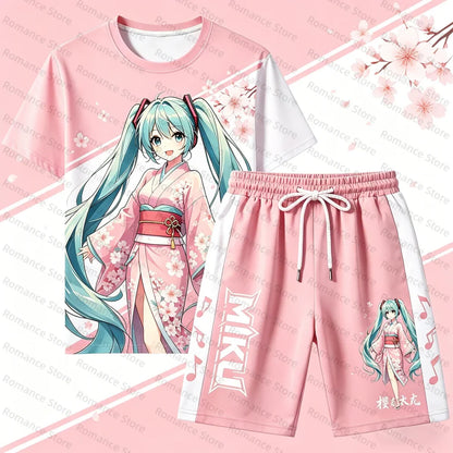 Hatsune M-Mi ku Anime 3D Print T-shirt Shorts Set Men Women t-shirt Short Set Summer Casual Streetwear Kids Cosplay Outfit 2Pcs