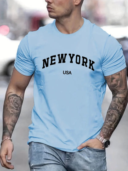 Men's 100 cotton summer fashionable casual loose plus size new York Usa printed slim fit sports round neck short sleeved T-shirt