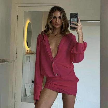 Fashion See Through Shirt Mini Dress Flare Sleeve Sexy Club Party Bandage Ruched Lapel Dresses Outfits Clothes