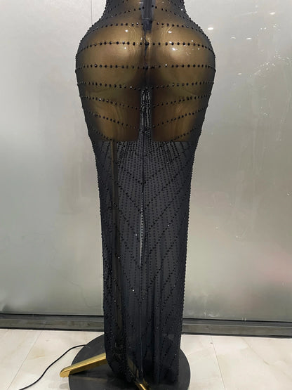 Sexy Sparkly Rhinestones Sleeveless Long Dress 2025 New Women Birthday Celebrate Evening Photo Shoot Stage Performance Costume
