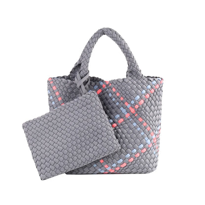 Woven Bag for Women, Neoprene Tote Bag Summer Beach Handbag Purse Retro Handmade Travel Shoulder Bag Set Neoprene Weave Tote Bag