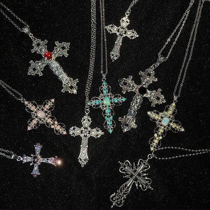 Gothic Big Zircon Cross Necklace Unisex Y2K Irregular Goth Large Cross Pendant Necklaces  for Men Women Couple Necklace Jewelry