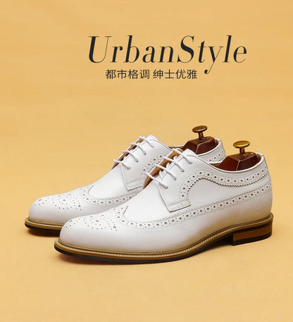 Luxury Men's Dress Shoes Genuine Leather Brogue Wingtip Toe Oxford White Lace-Up Business Wedding Formal Men Shoes