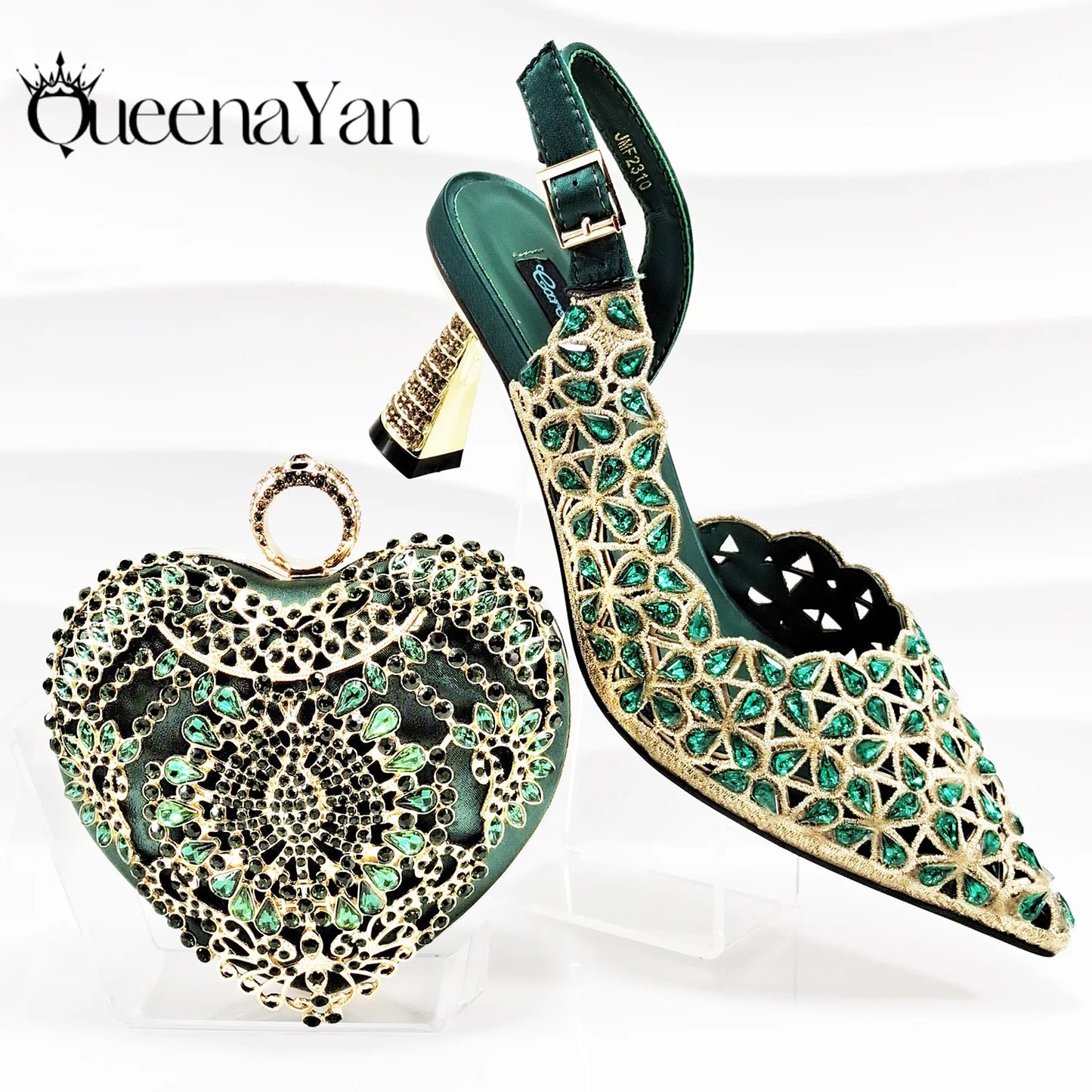 Italian Design Rhinestone-encrusted Sex Ladies Shoes And Special Bag High Heels And Heart Shape Gold Mini Bag
