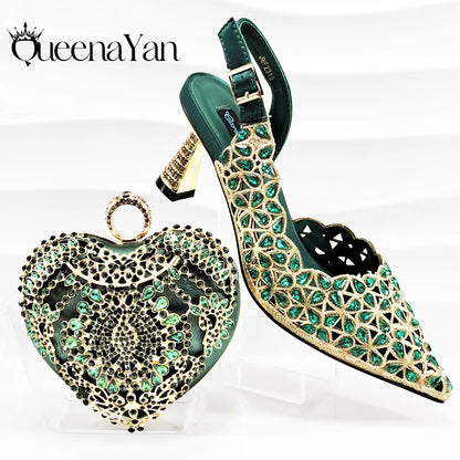 Italian Design Rhinestone-encrusted Sex Ladies Shoes And Special Bag High Heels And Heart Shape Gold Mini Bag