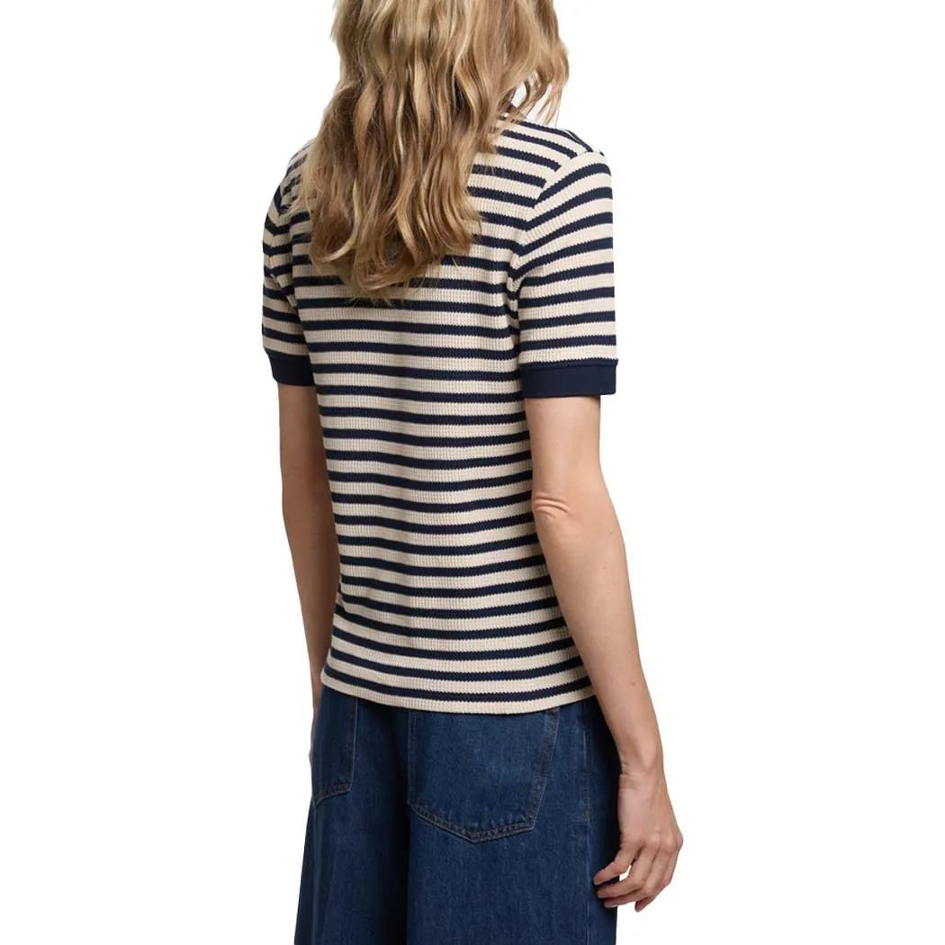 Fashion Stripe Knitted Polo Neck T Shirt For Women Soft Chic Short Sleeve Casual Pullovers 2025 Summer New Lady Street Tops