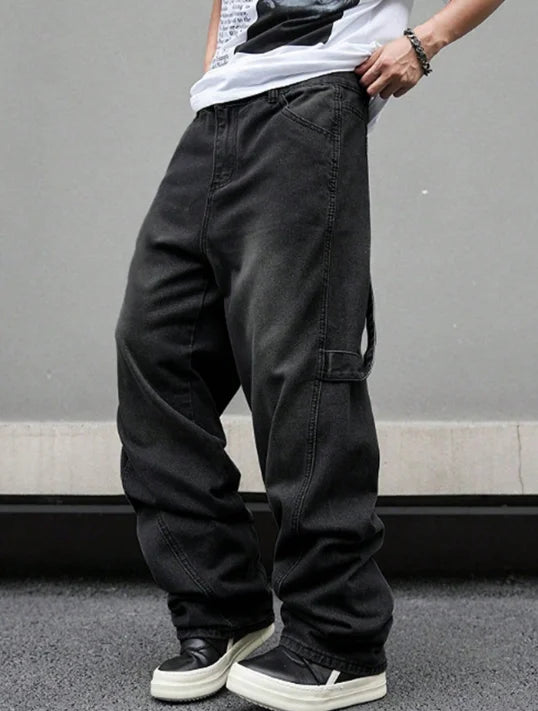High street American Vibe pleated design micro flared jeans men's loose straight leg hanging wide leg pants men