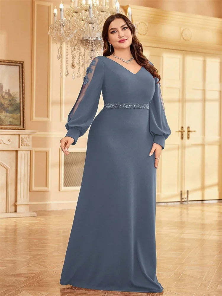 Plus Size Luxury V-Neck Red Long Sleeves Applique Formal Evening Dresses Women V-back Wedding Party Maxi Guest Gowns