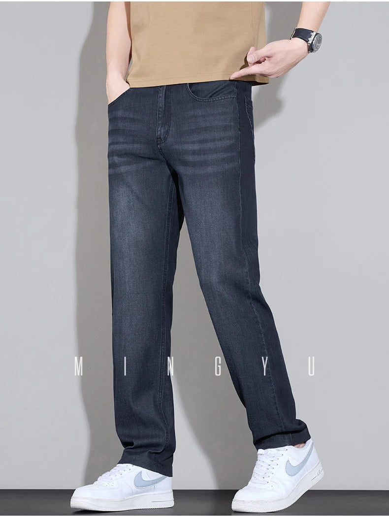 Spring Summer Brand Clothing Lyocell Fabric Men's Jeans Classic Business Straight Denim Pants Work Trousers Male Plus Size 29-40