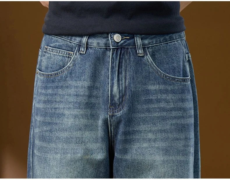 Jeans Denim Straight Pants Men Washed Distressed Mid Waist Pockets 2025 Streetwear Basics Ankle Length Trousers Vintage Denims