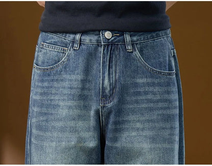 Jeans Denim Straight Pants Men Washed Distressed Mid Waist Pockets 2025 Streetwear Basics Ankle Length Trousers Vintage Denims