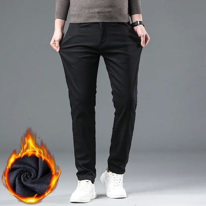 Winter New 2025 Fleece Pants Men's Thick Slim Elastic Business Casual Velvet Pants Warm Fashion Solid Color Plush Trousers Male