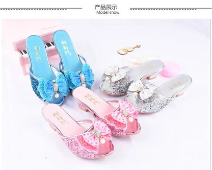 Girls Summer Sandals Slipper Sequined Princesse Children High Heel Party Dress Shoes Leather Slipper For Kids Slides
