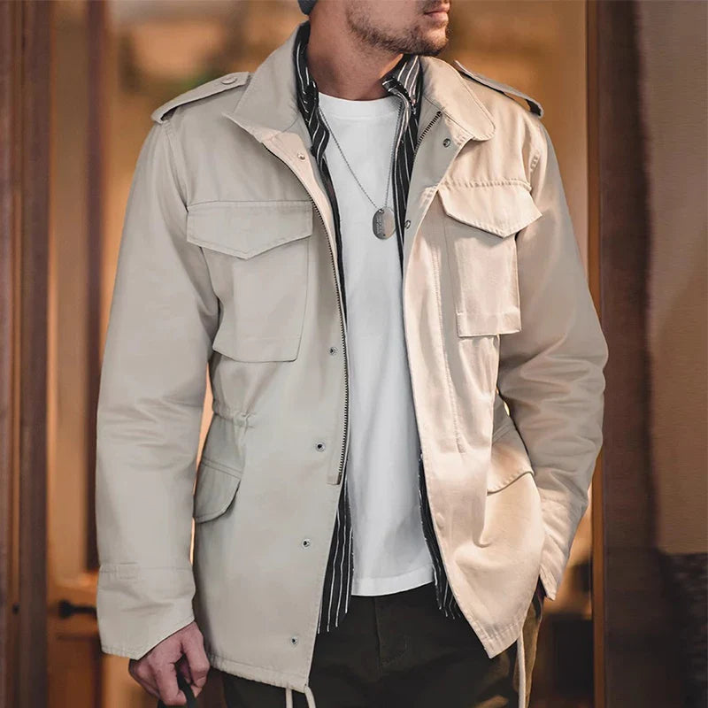 Field Jacket, Men's Military Jacket, Retro Multi Pocket Collar Zipper Jacket, 100% Cotton