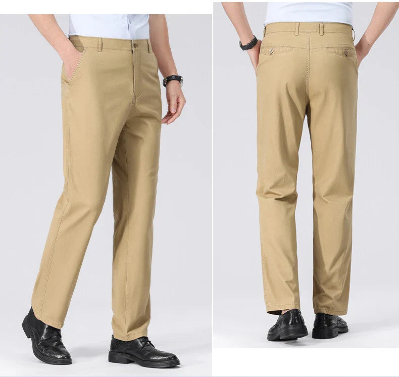 Spring Summer Cotton Suit Pants Men Solid Color Smart Casual Dress Trousers Man Lightweight Zipper Fly Straight Breathable Pants