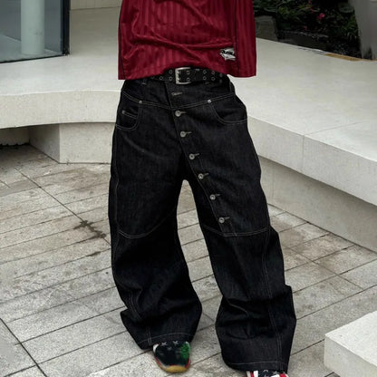 Y2K High Street Buckle Curved Jeans Wide Leg Pants Autumn Men'S Loose Straight Leg Pants Black Korean Casual Pants Hip-Hop Pants