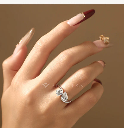 Toi Et Moi Moissanite Rings 925 Sterling Silver Pear&Round Cut Two Stone Bypass Ring forWomen Engagement Bridal Jewelry