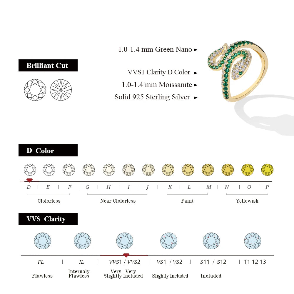 Full Moissanite Ring Snake Shaped DVVS1 Color Diamond  925 Sterling Silver For Women Men Wedding Rings Party Certified