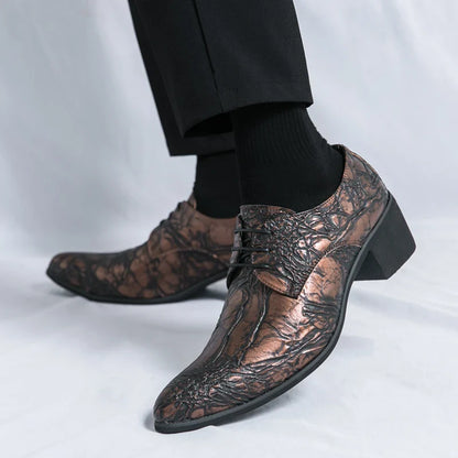 Men High Heeled Lace Up Derby Shoes PU Embossed Fashionable  Comfortable Business Formal Banquet Men Shoes