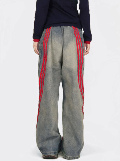 Loose Trendy Brand, Straight Striped Splicing, Casual Wide-Leg Pants