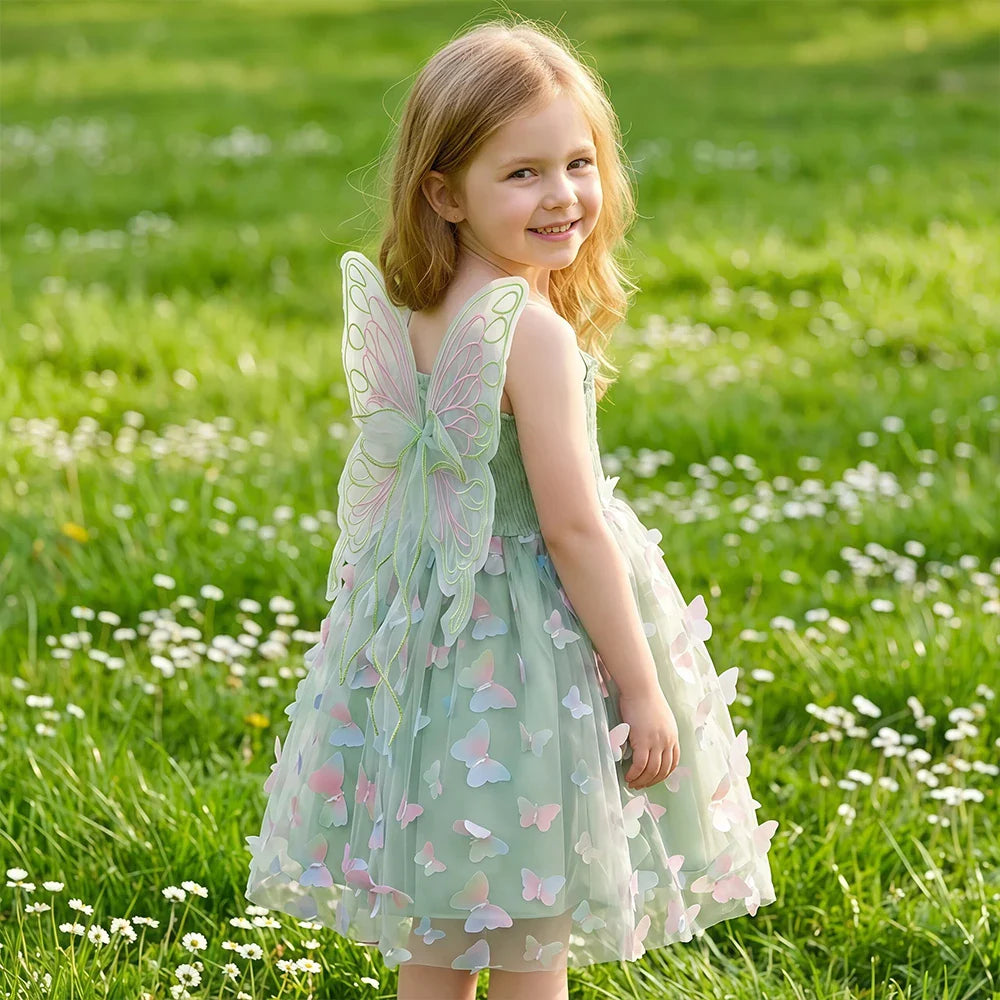 Girls Green Butterfly Dress Summer Children Colorful Mesh Dress Baby Sling Wings Princess Dress for Birthday 2-6T