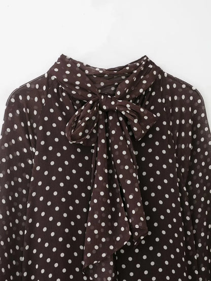 New Women Bow Collar Blouse Vintage Polka Dot Printed Loose Tops Fashion Elegant Spring Long Sleeve Commuting Shirts