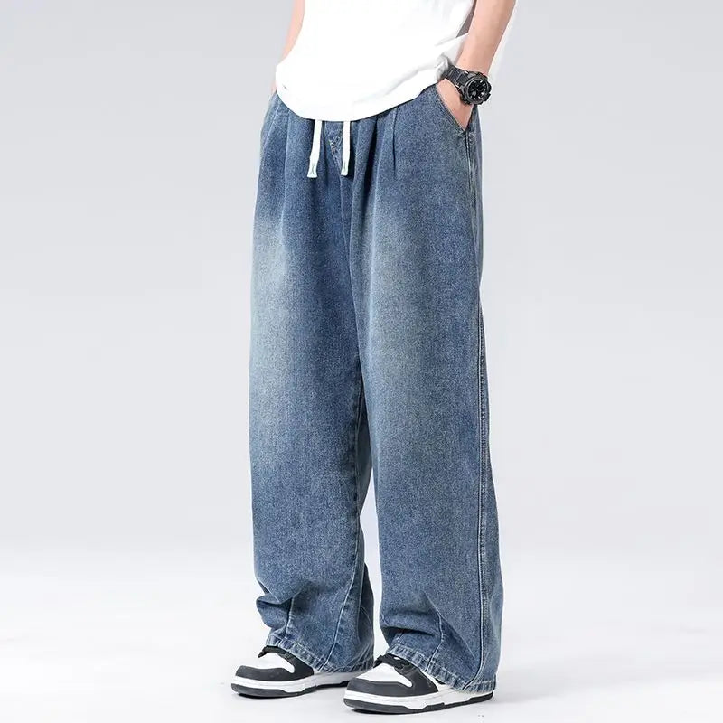 New Men's Elastic Waist Jeans Loose Wide Leg Casual Straight Long Trousers Comfortable Stretch Denim Pants Trendy Brand
