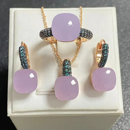 3Pcs Gun Black Plated Blue Zircon Jewelry Set for Women Includes Ring Earrings Necklace Elegant Crystal Blue Topaz Matching Gift