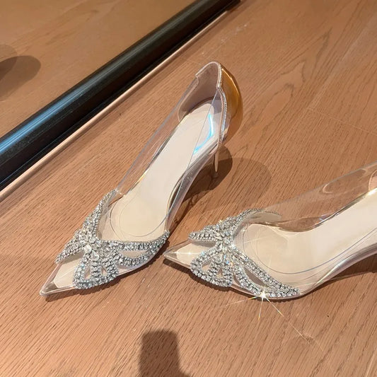 New Summer New Women's Fashion Pointed Transparent PVC Rhinestone Wrapped Back Buckle High Heel Sandals Banquet Shoes