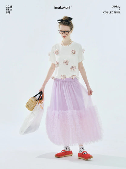 Women's Light Purple Tulle Midi Skirt with Ruffled Hem Elastic Waist Casual Fairy Style Summer  Flowy A-Line Skir 255106