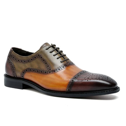 Color Block Genuine Leather Mens Formal Oxford Shoes Cap Toe Lace Up Brogue Business Party Elegant Gentleman Dress Shoes for Men