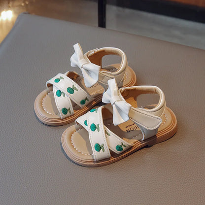 Baby Girls Leather Sandals Princess Sweet Kids Beach Sandals Summer New Children Toddlers Bow Sandals Embroidery Fruit Fashion