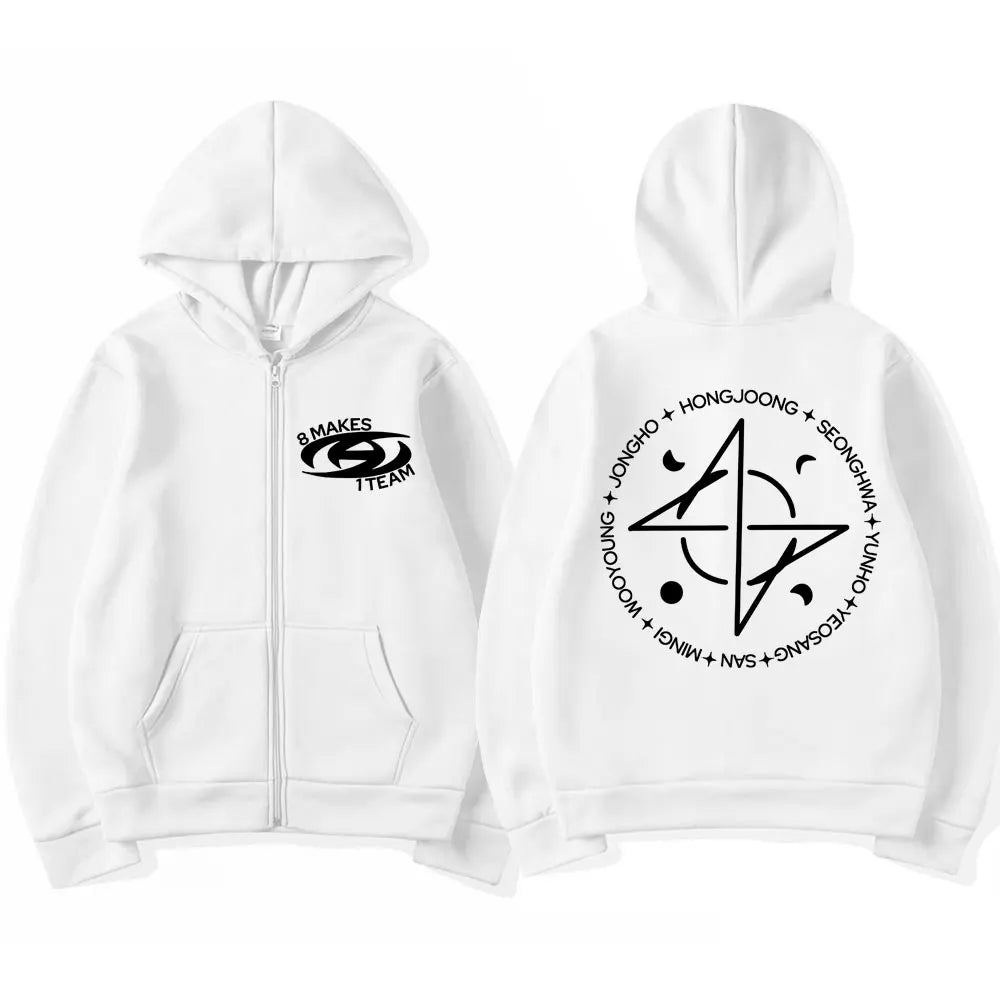 Kpop Ateez 8 Makes 1 Team Zíper Estilo Coreano Y2k Harajuku Moletom com Zíper Masculino Feminino Moda Superdimensionado Jaquetas Quentes Streetwear