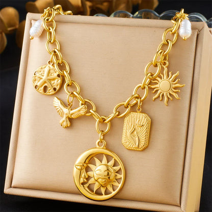 316L Stainless Steel Golden Trendy Starfish Moon Sun Shaped Pendant Necklace For Women Romantic Neck Chain Holiday Gift