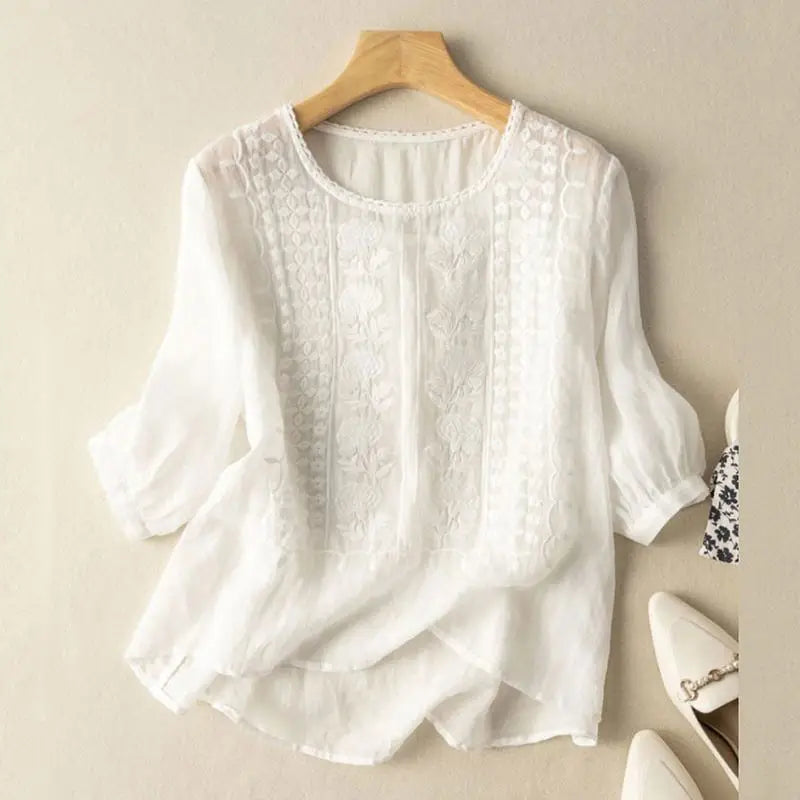 Elegant Women Embroidered Blouses Autumn 2024 3/4 Puff Sleeve Transparent Blusas Mujer Casual Vintage Cotton Shirts Tops