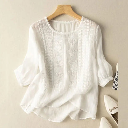 Elegant Women Embroidered Blouses Autumn 2024 3/4 Puff Sleeve Transparent Blusas Mujer Casual Vintage Cotton Shirts Tops