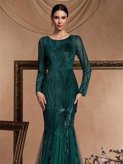 Elegant Long Sleeves Sequin Tulle Evening Dresses 2025 Women Luxury Mermaid Formal Bridesmaid Party Maxi Prom Dress