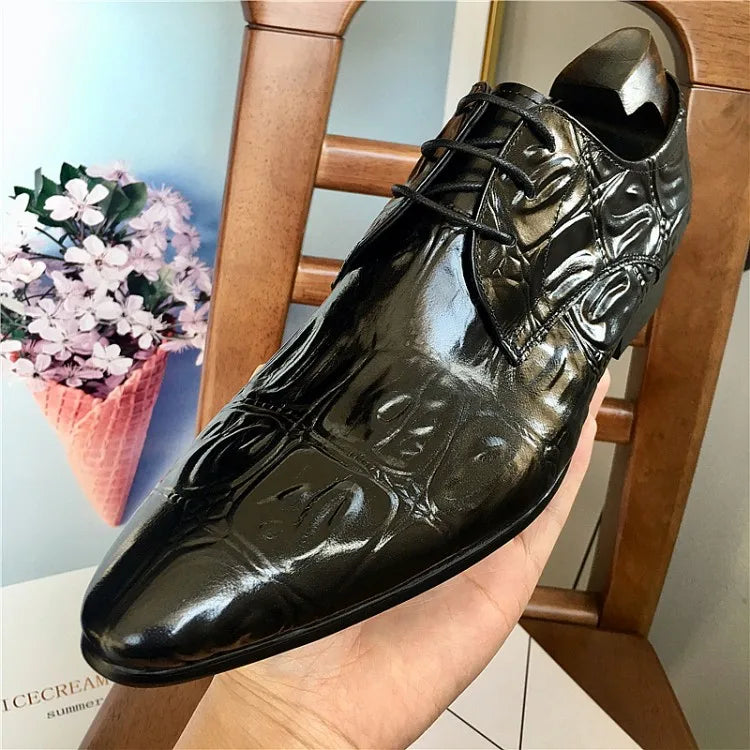 Business Men Crocodile Pattern Cowhide Genuine Leather Dress Shoes Lace Up Pointed Toe Derby Shoes Spring Wedding Formal Shoes