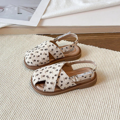 Girls Princess Floral Sandals New Summer Cross Strap Children Beach Shoes Non-Slip Breathable Kids Flat Sandals School Perform