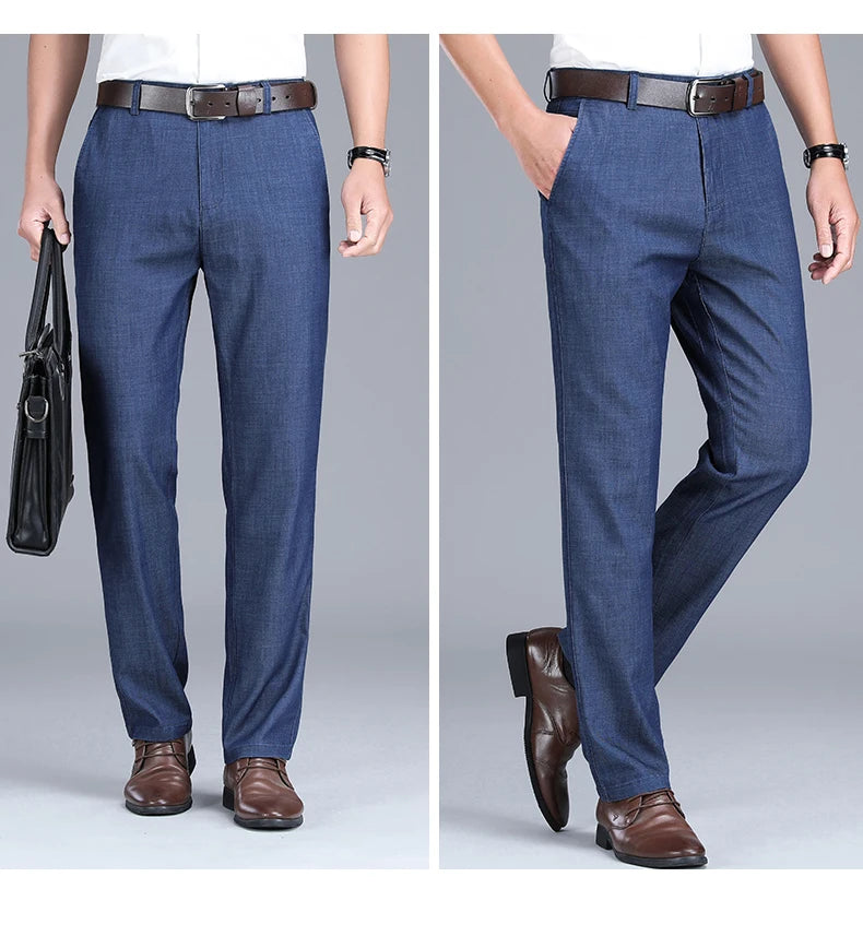 2024 New Men's Summer Thin Jeans Loose Stretch Large Size Ice Silk Straight Pants Elite Business Casual Pants Smoke Gray Blue