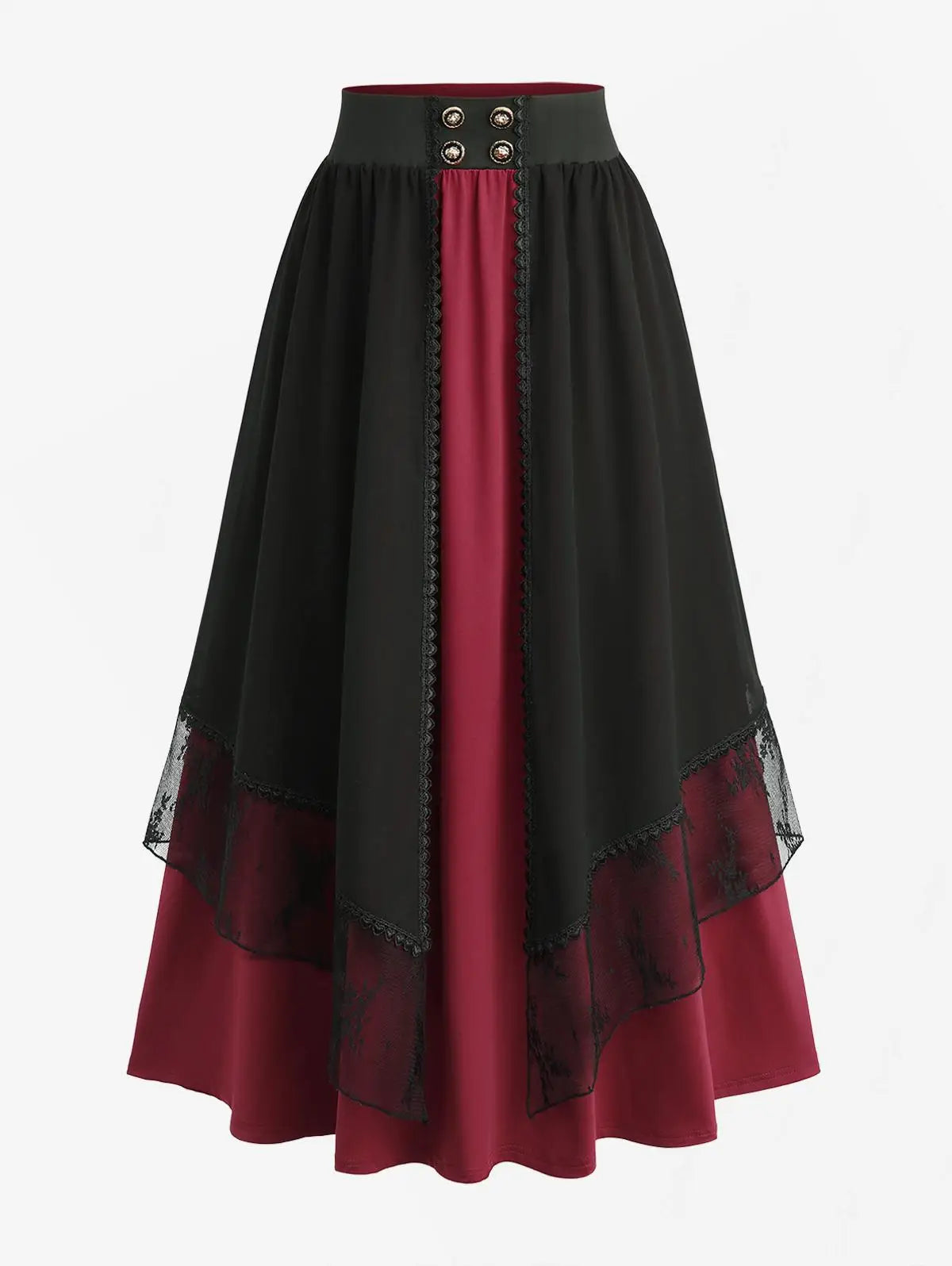 Plus Size Women's Skirts Deep Red Lace Chiffon Layered Skirt Or Halloween Vampire Costume Gothic Lace Up Two Tone Skirt