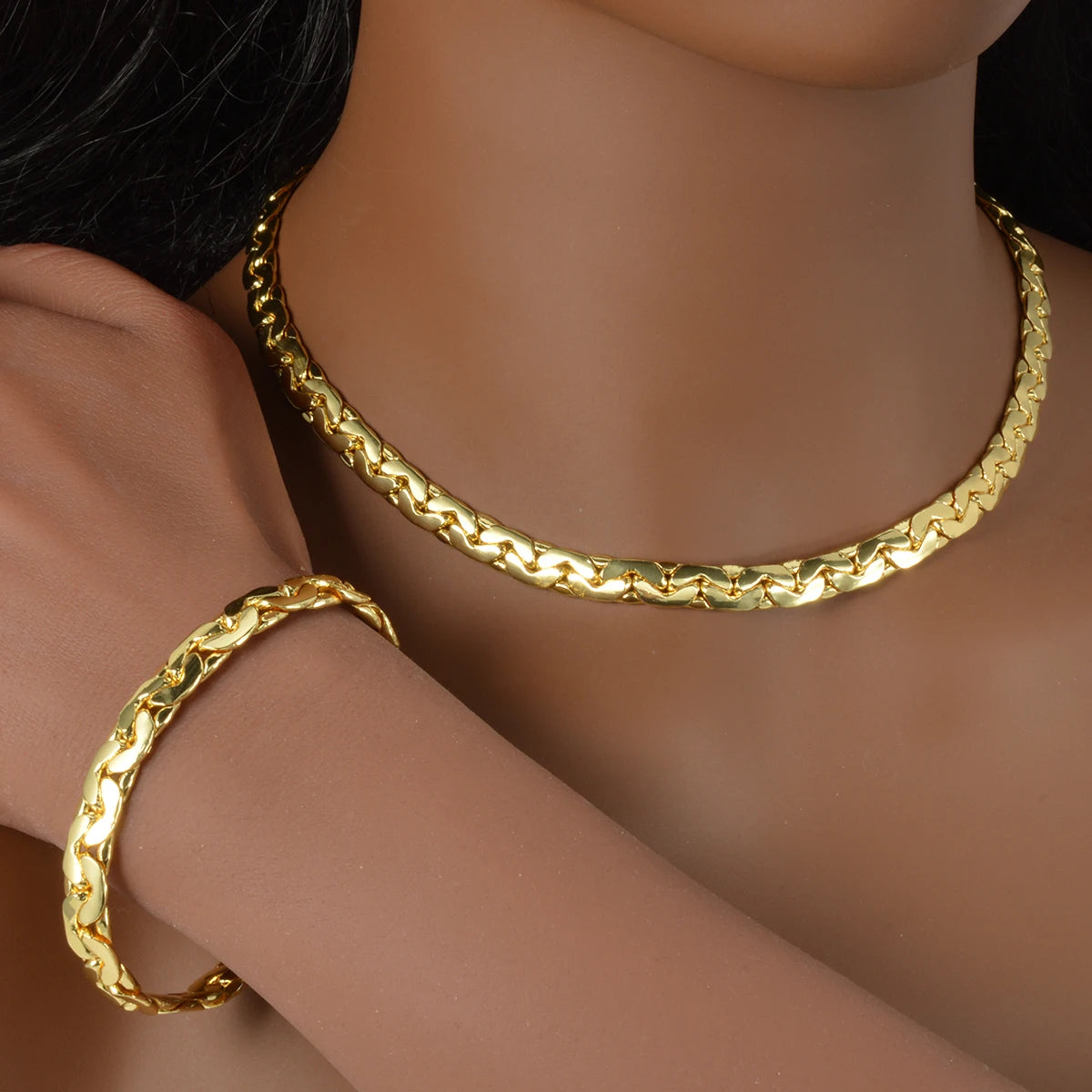 Sunny Luxury Copper Alloy Necklace Bracelet Women's Set Flat Cuban Chain Punk Style Suitable Party Jewelry Gifts