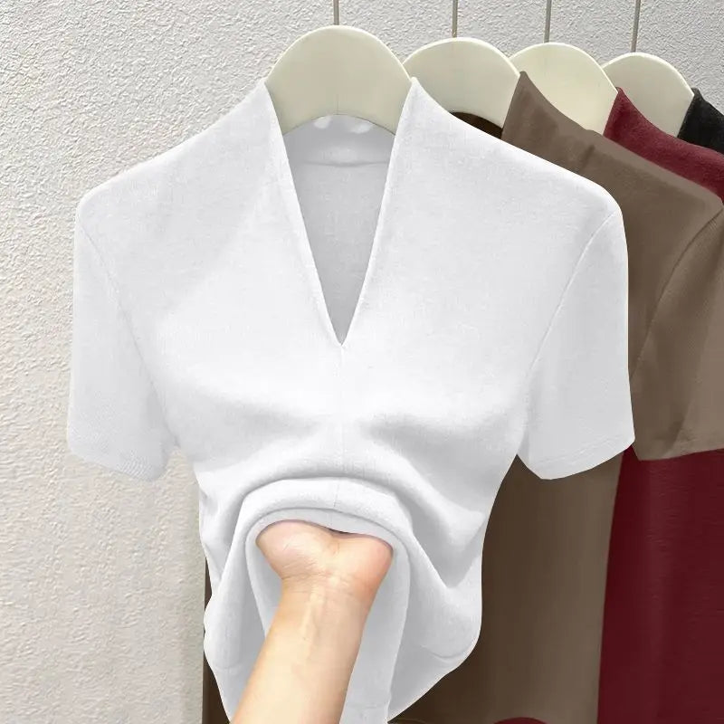 V Neck Slim T Shirt Women Cotton Elastic Basic Solid Female Casual Tops Short Sleeve Thin T-shirts